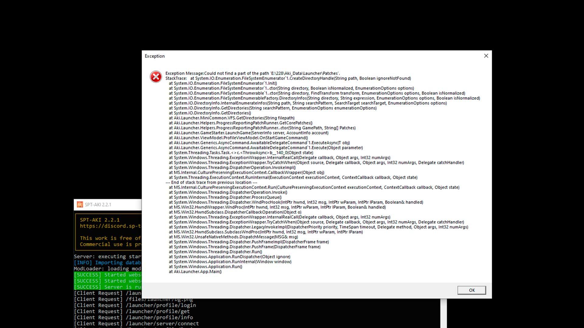 Окно с информацией о краше лаунчера Escape From Tarkov