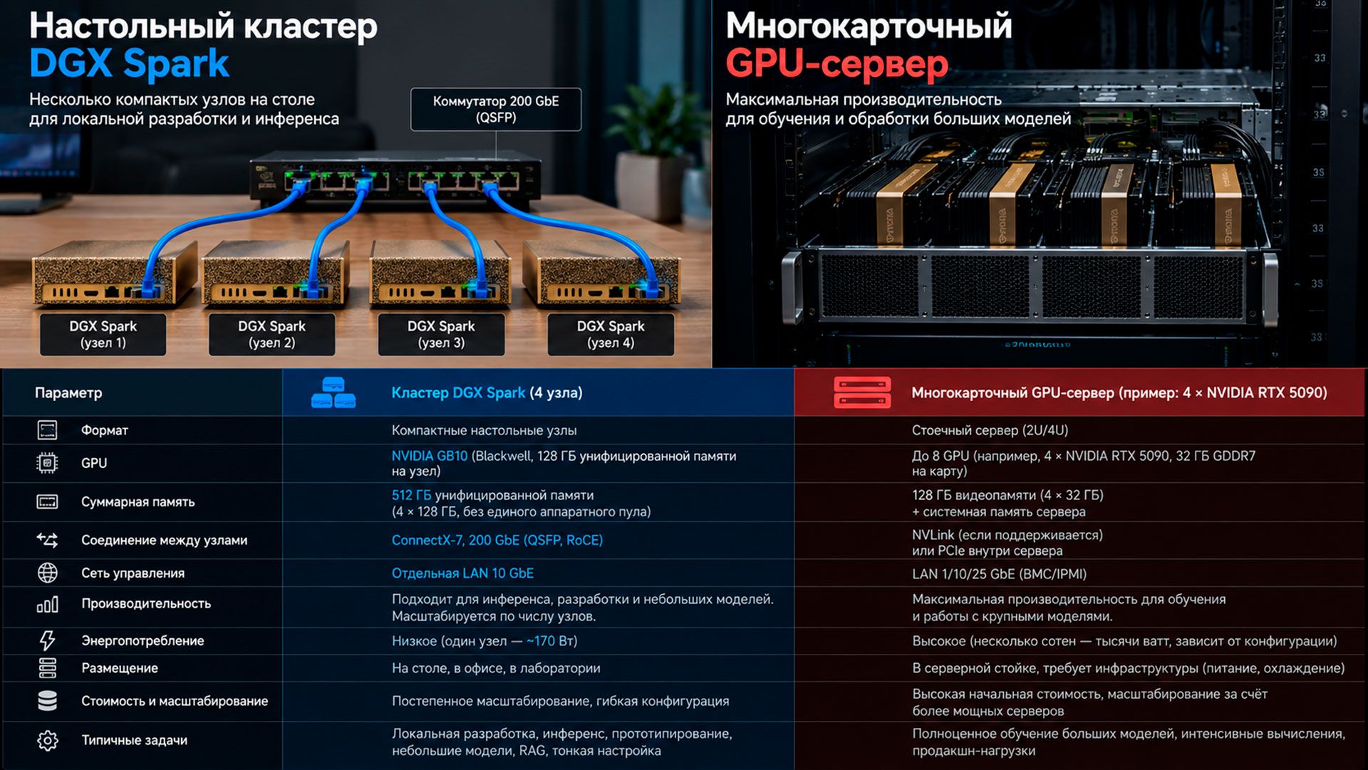 сравнение настольного кластера DGX Spark и многокарточного GPU-сервера в стойке