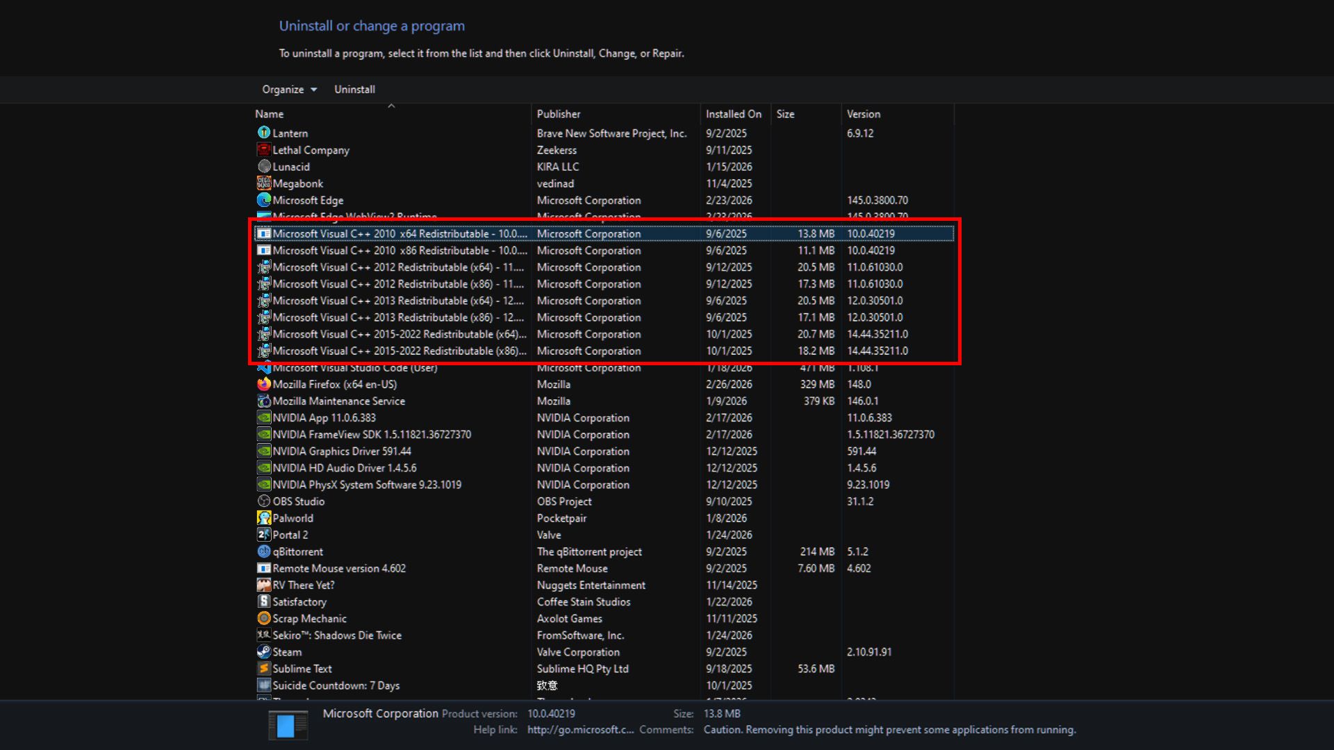 Visual C++ Redistributable в Программах и Компонентах