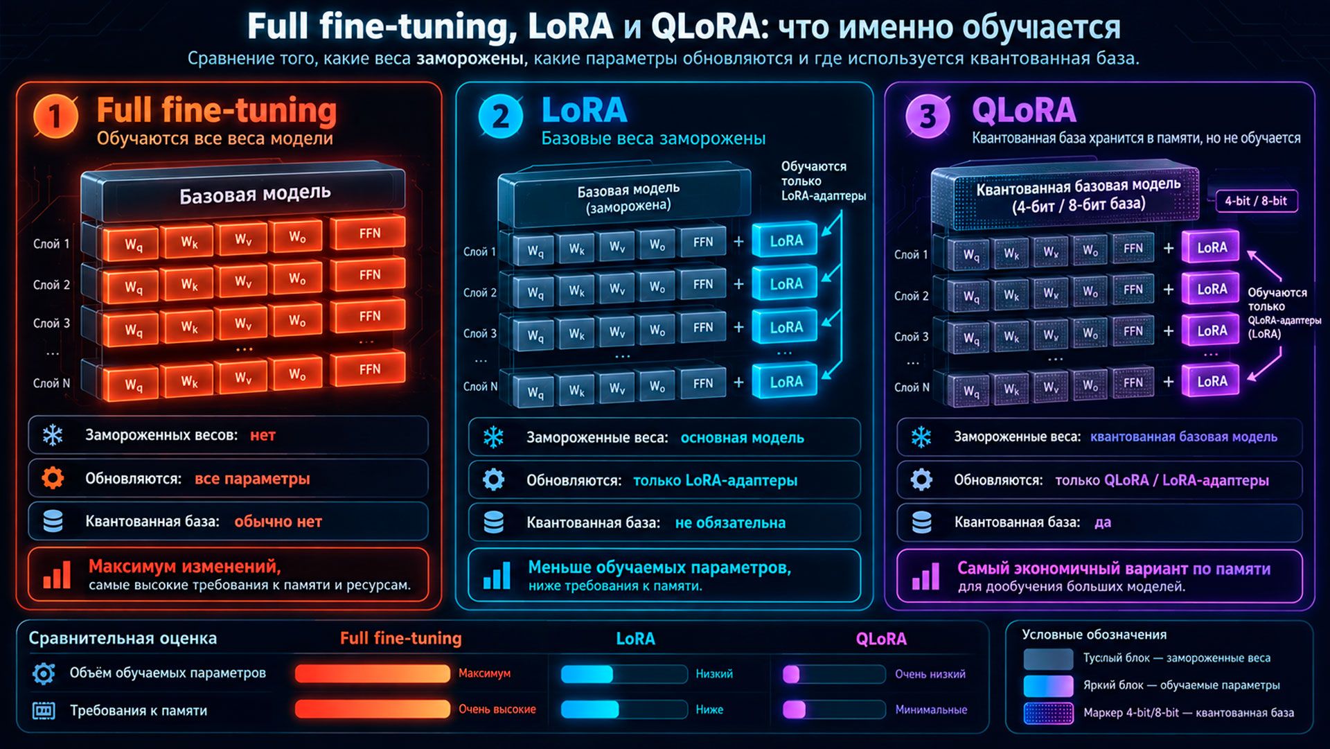 сравнительная схема full fine-tuning, LoRA и QLoRA