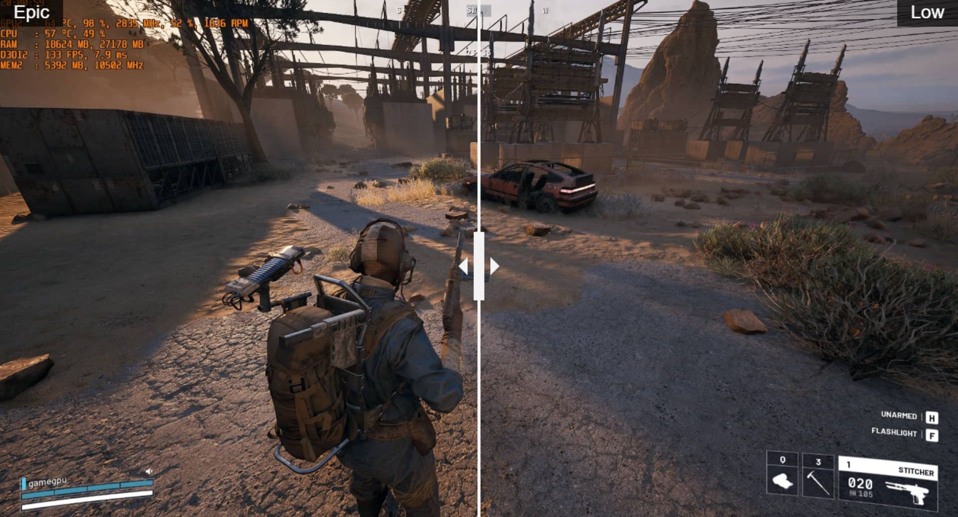 Разница в картинке между эпическим и низким уровнем теней