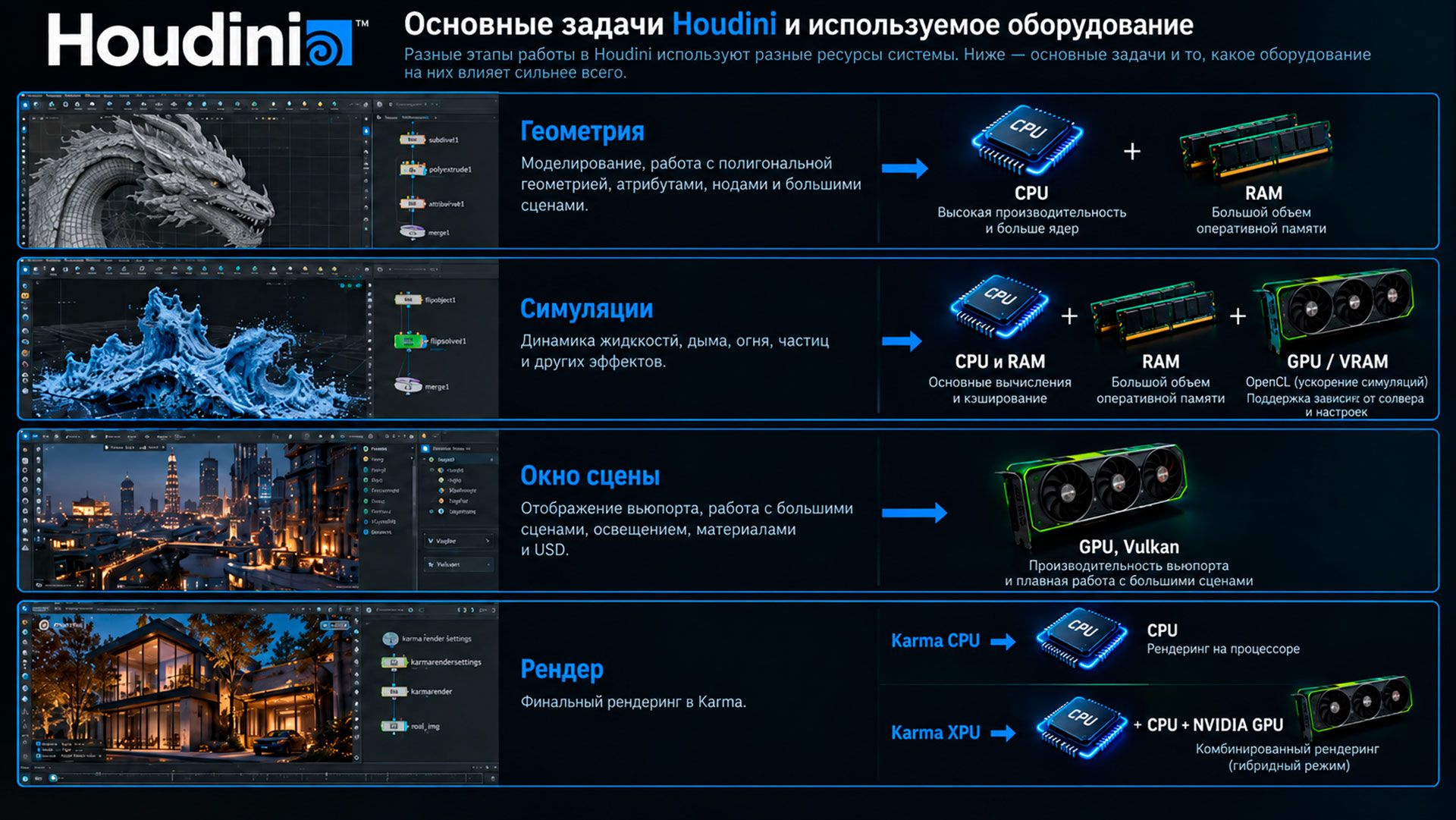 Задачи Houdini и оборудование