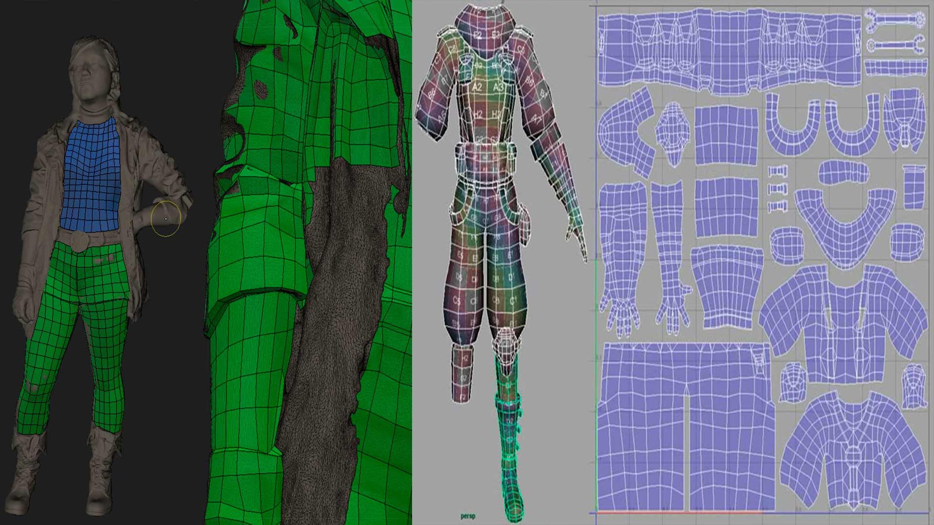 Слева — процесс ретопологии. Справа — создание UV-развёртки