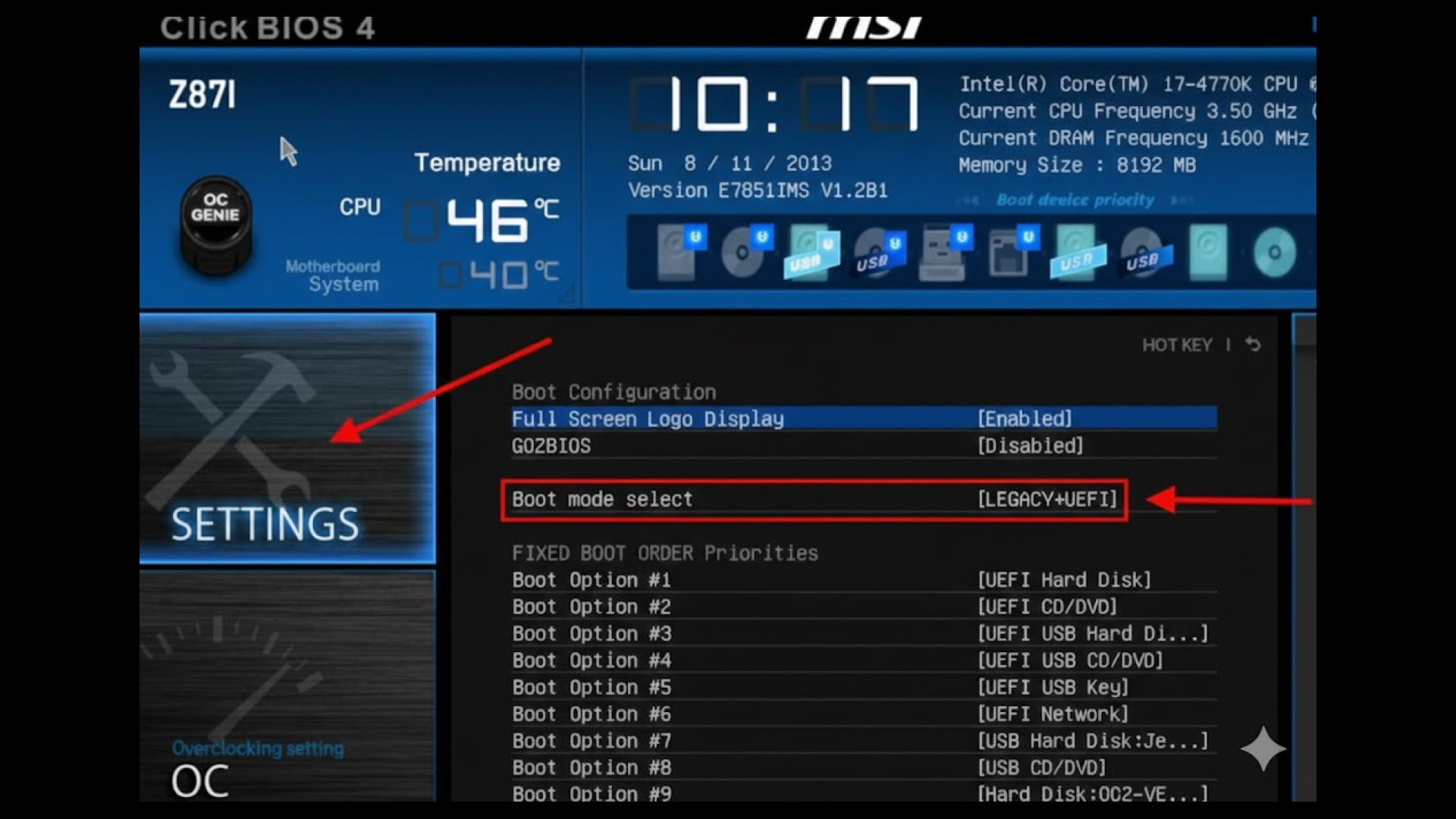 Параметр boot mode select