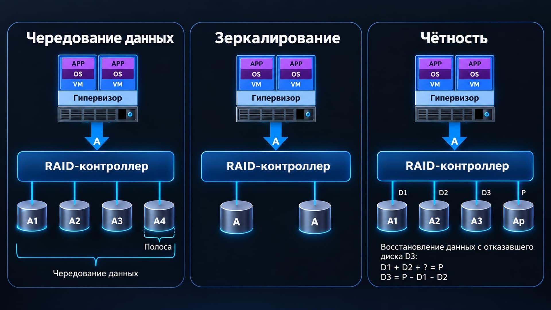 RAID - mirroring, parity, stripping