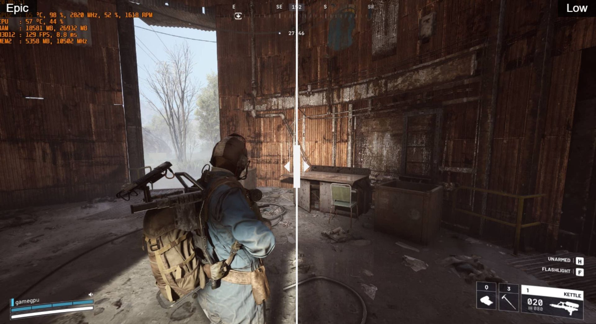 Разница в картинке между эпическим и низким уровнем текстур