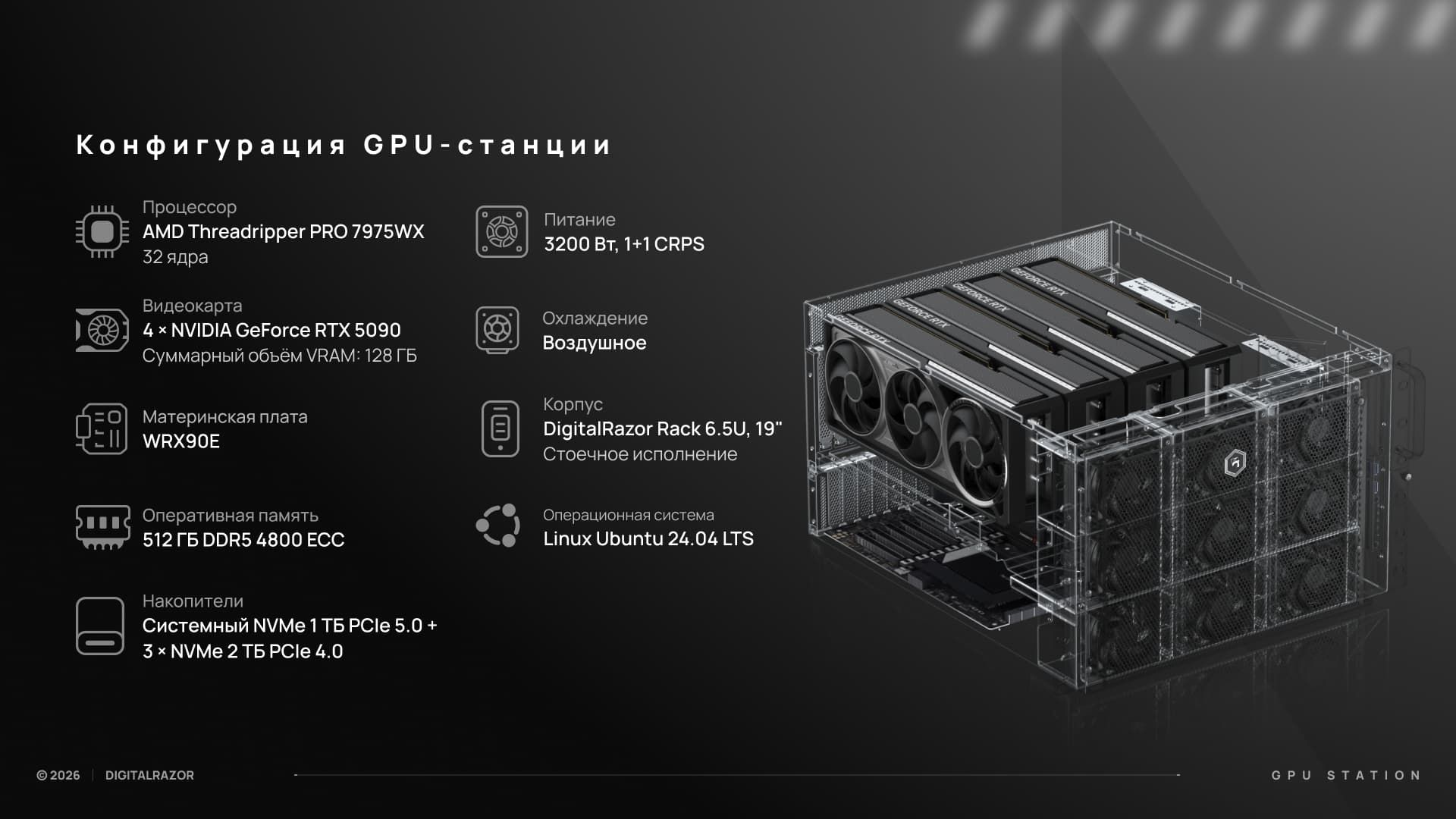 Сервер с 4 RTX 5090 и  Threadripper PRO 7975WX