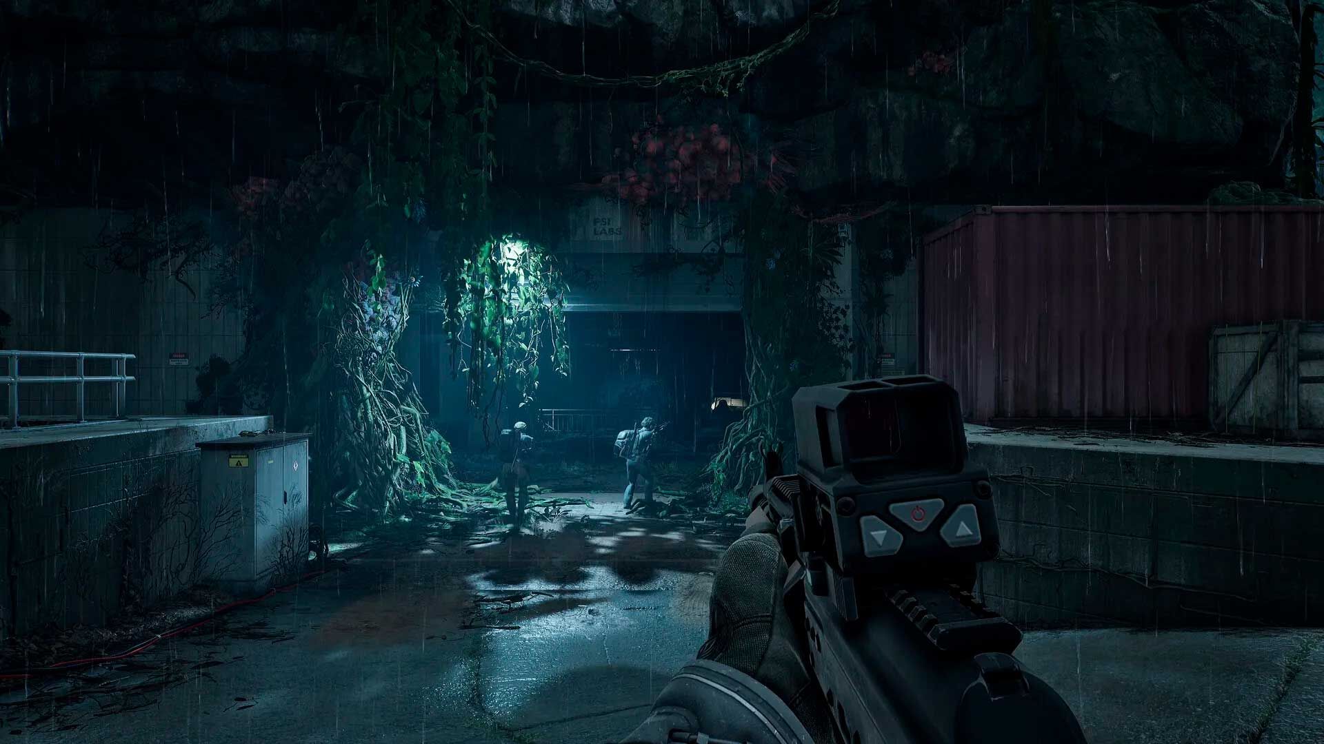 Скриншот Black Budget, нде входят в темное заросшее здание