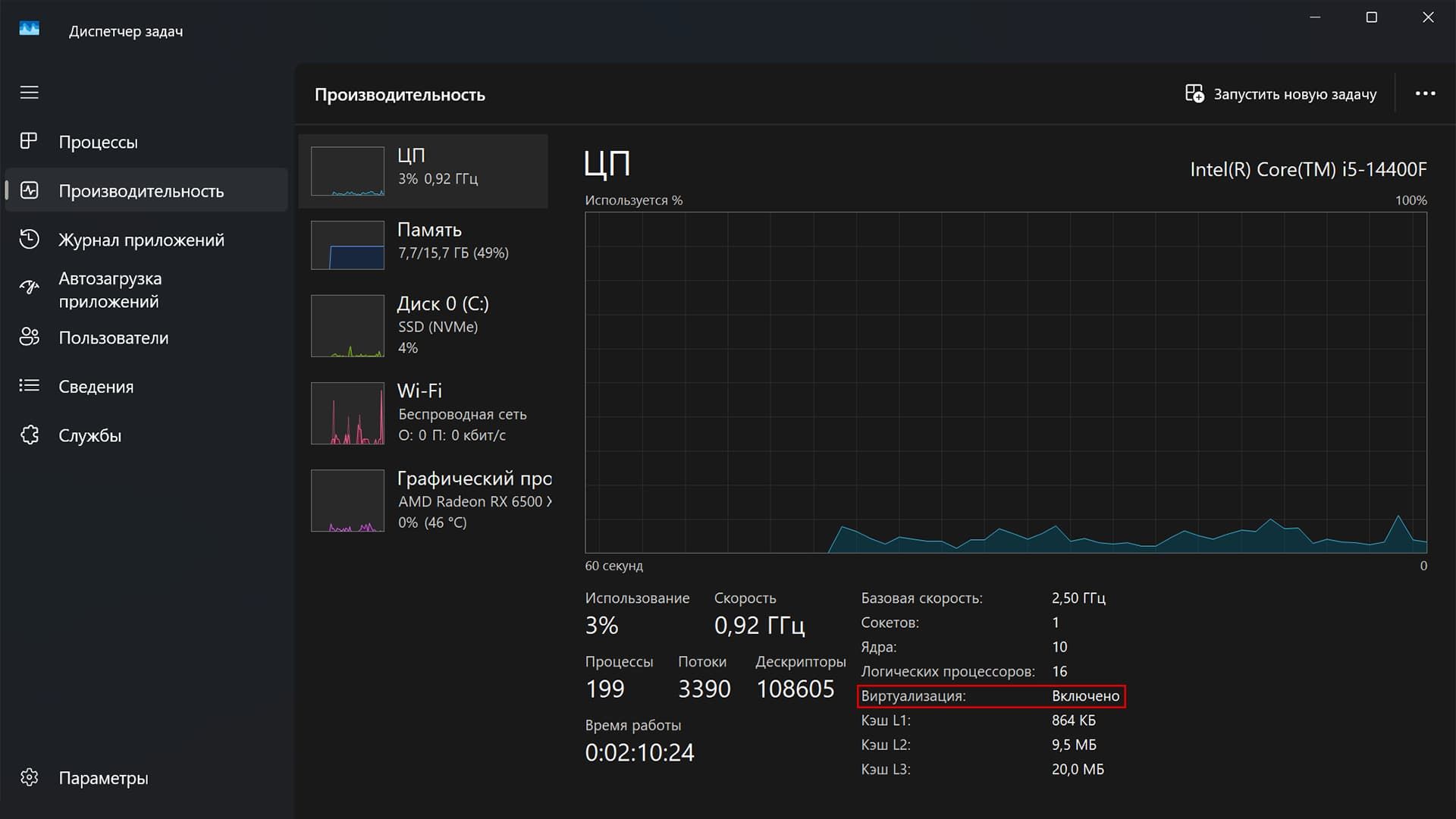Виртуализация в диспетчере задач